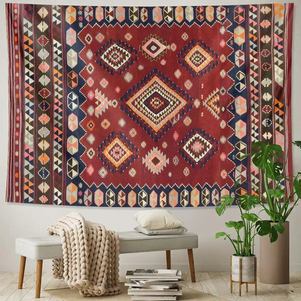 Boho tapestry set in red & gold traditional pattern for bedroom