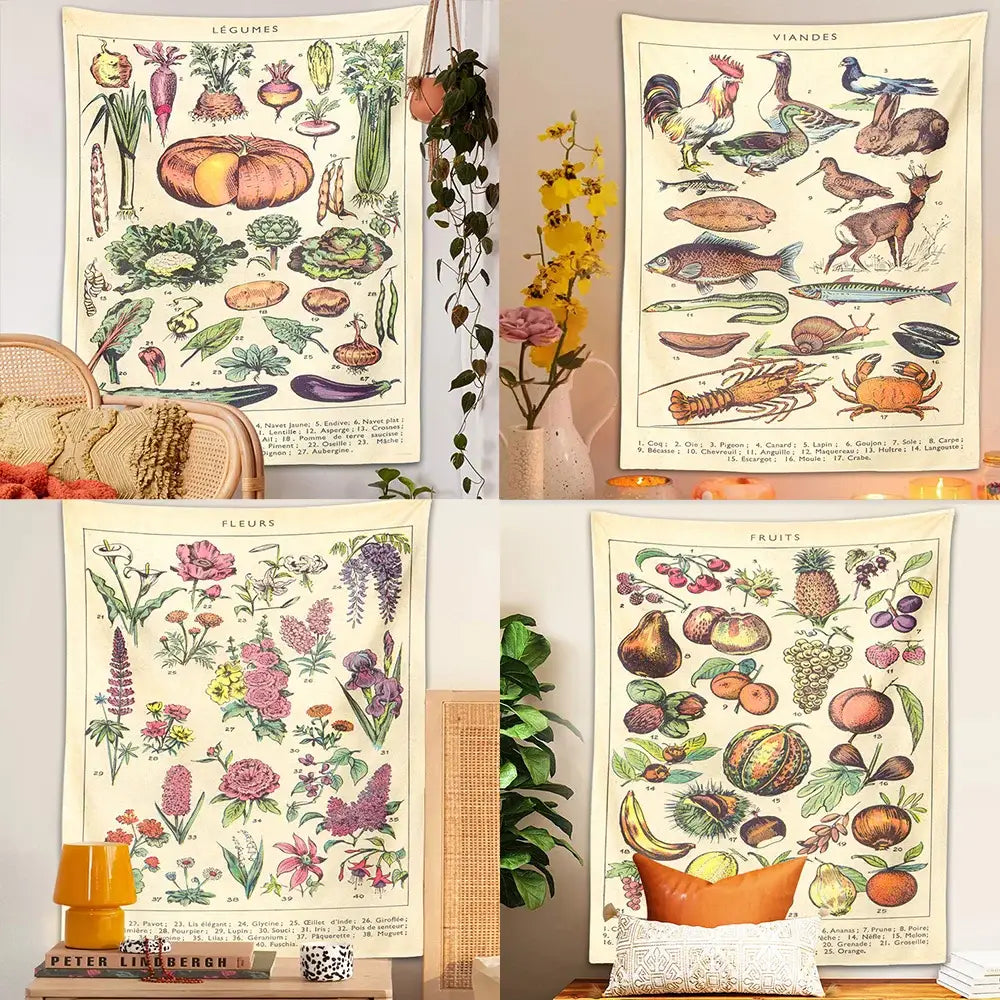 Boho tapestry wall hanging beige botanical bedroom decor