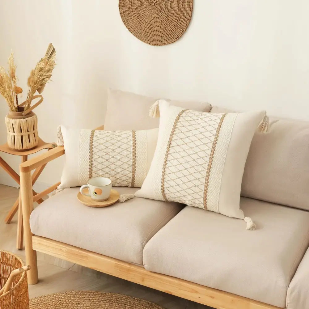 Boho tassel cushion cover beige & gray living room woven pillowcase