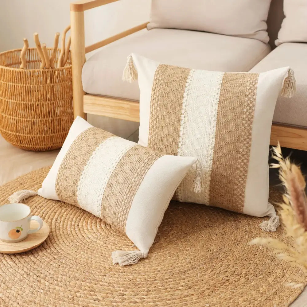 Boho tassel cushion cover beige & gray living room woven pillowcase