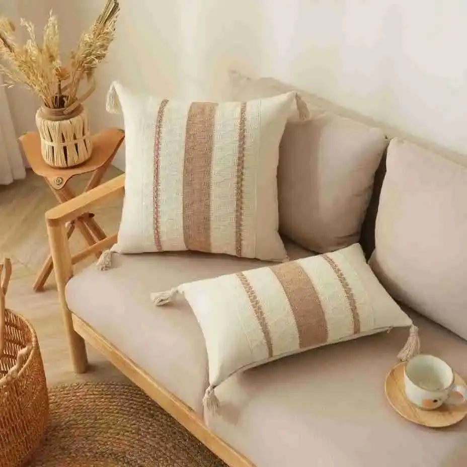 Boho tassel cushion cover beige & gray living room woven pillowcase