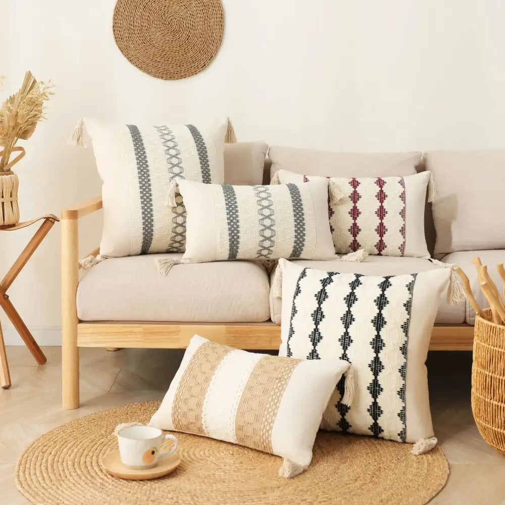 Boho tassel cushion cover beige & gray living room woven pillowcase