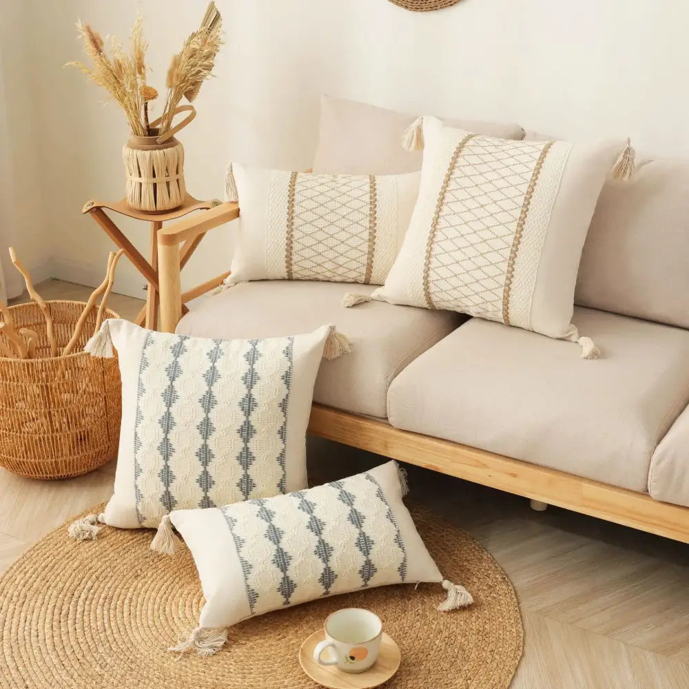 Boho tassel cushion cover beige & gray living room woven pillowcase