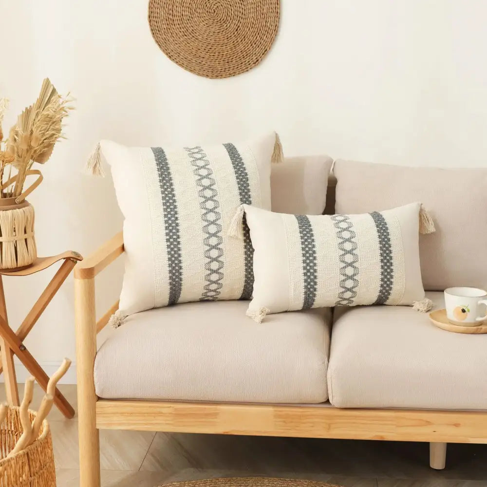 Boho tassel cushion cover beige & gray living room woven pillowcase