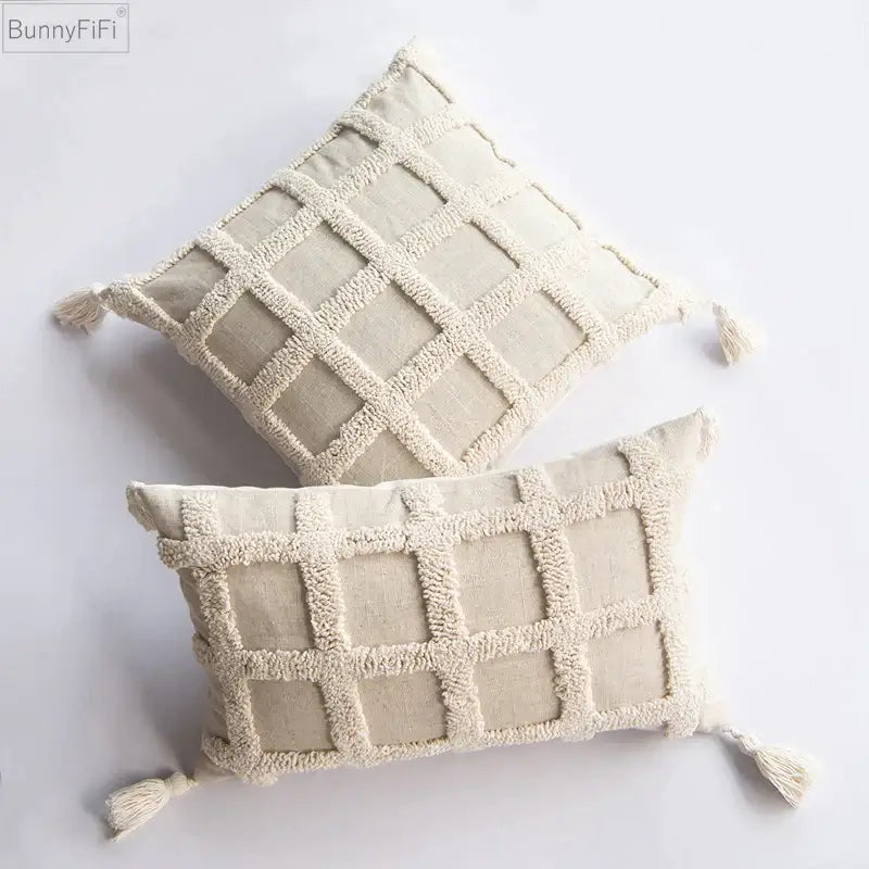 Boho tassel cushion cover cream textured diamond living room decor