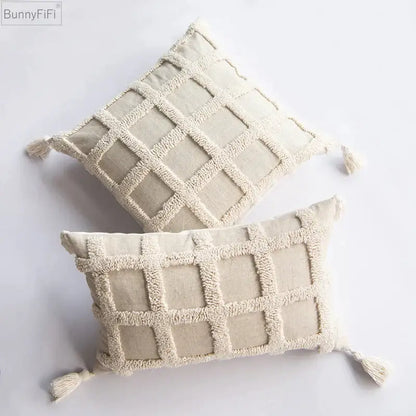 Boho tassel cushion cover cream textured diamond living room decor
