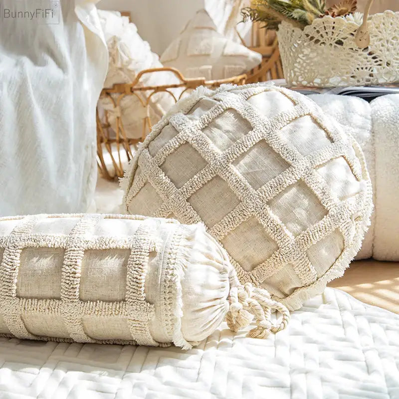 Boho tassel cushion cover cream textured diamond living room decor