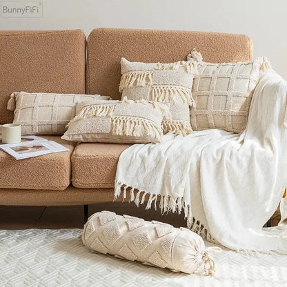 Boho tassel cushion cover cream textured diamond living room decor