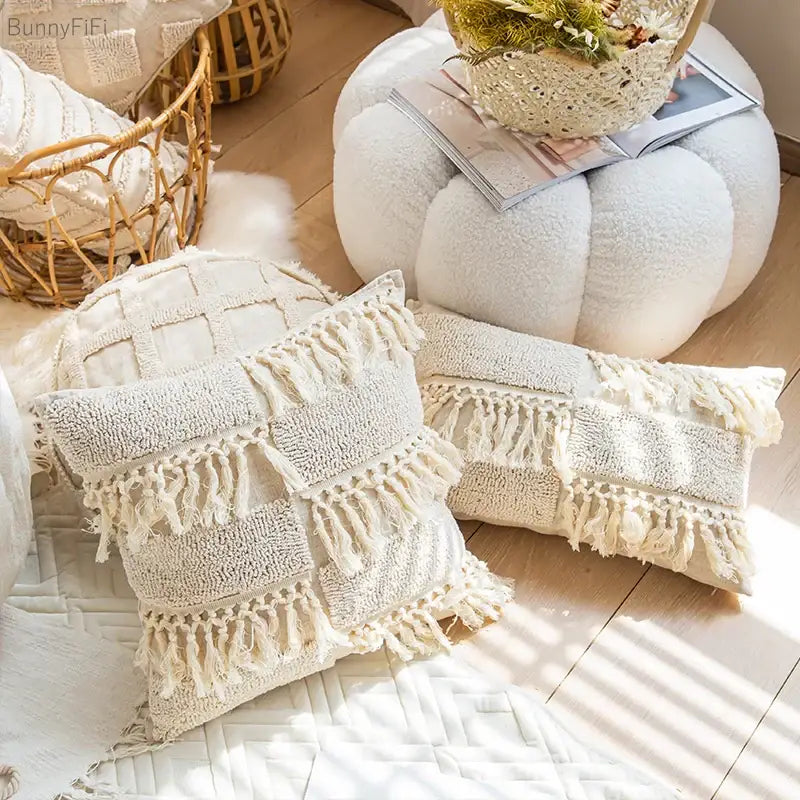 Boho tassel cushion cover cream textured diamond living room decor