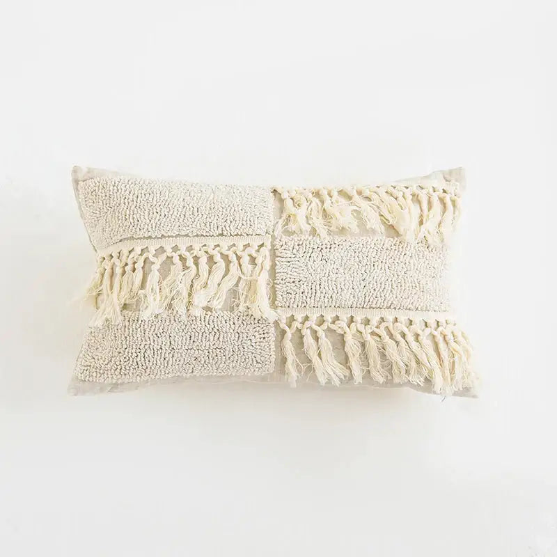 Boho tassel cushion cover cream textured diamond living room decor