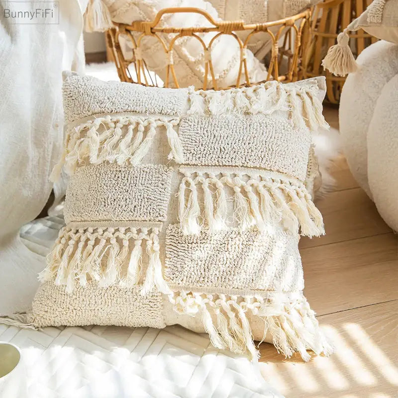 Boho tassel cushion cover cream textured diamond living room decor