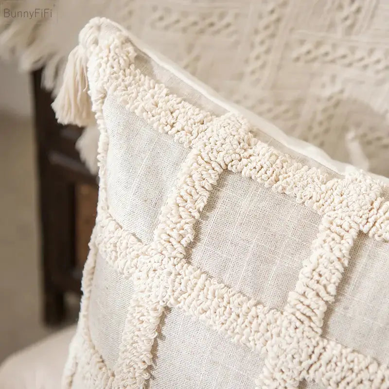 Boho tassel cushion cover cream textured diamond living room decor