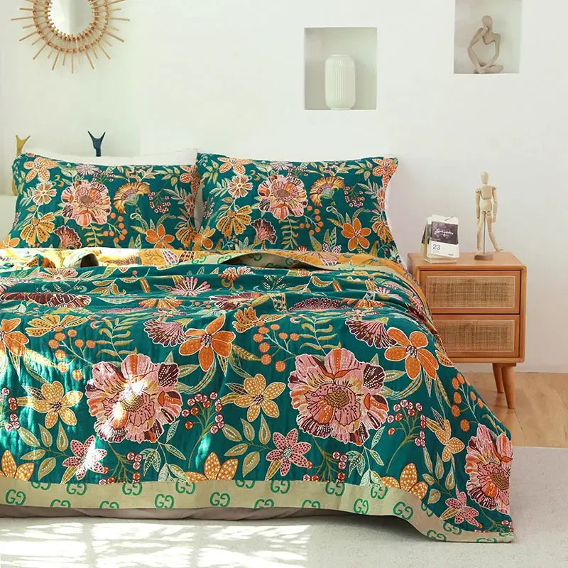 Boho teal floral cotton cover throw blanket bedroom quilt set