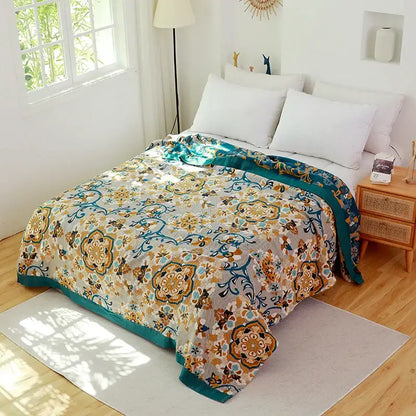 Boho teal floral cotton cover throw blanket bedroom quilt set