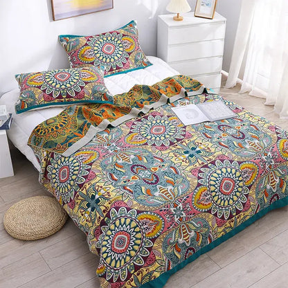 Boho teal floral cotton cover throw blanket bedroom quilt set