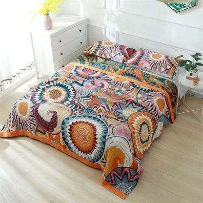 Boho teal floral cotton cover throw blanket bedroom quilt set