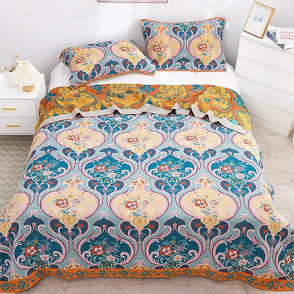 Boho teal floral cotton cover throw blanket bedroom quilt set