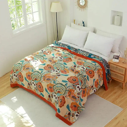 Boho teal & gold elephant cotton throw blanket bedroom decor