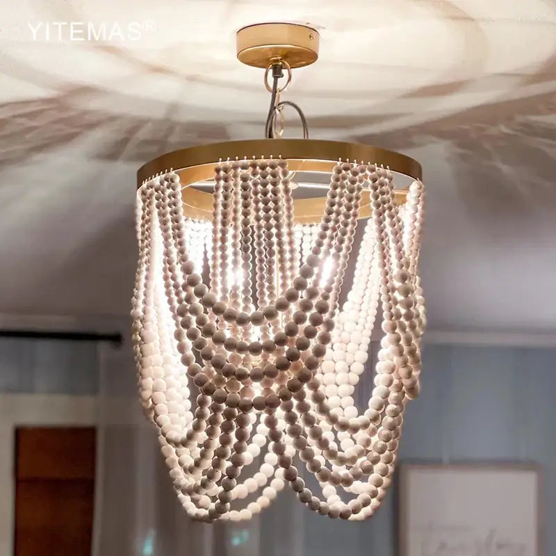 Boho tiered wooden beaded chandelier for dining room