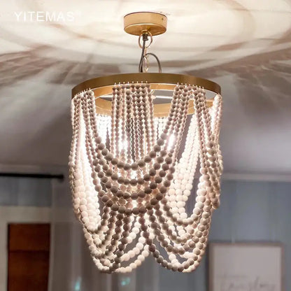 Boho tiered wooden beaded chandelier for dining room