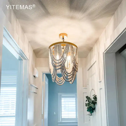 Boho tiered wooden beaded chandelier for dining room