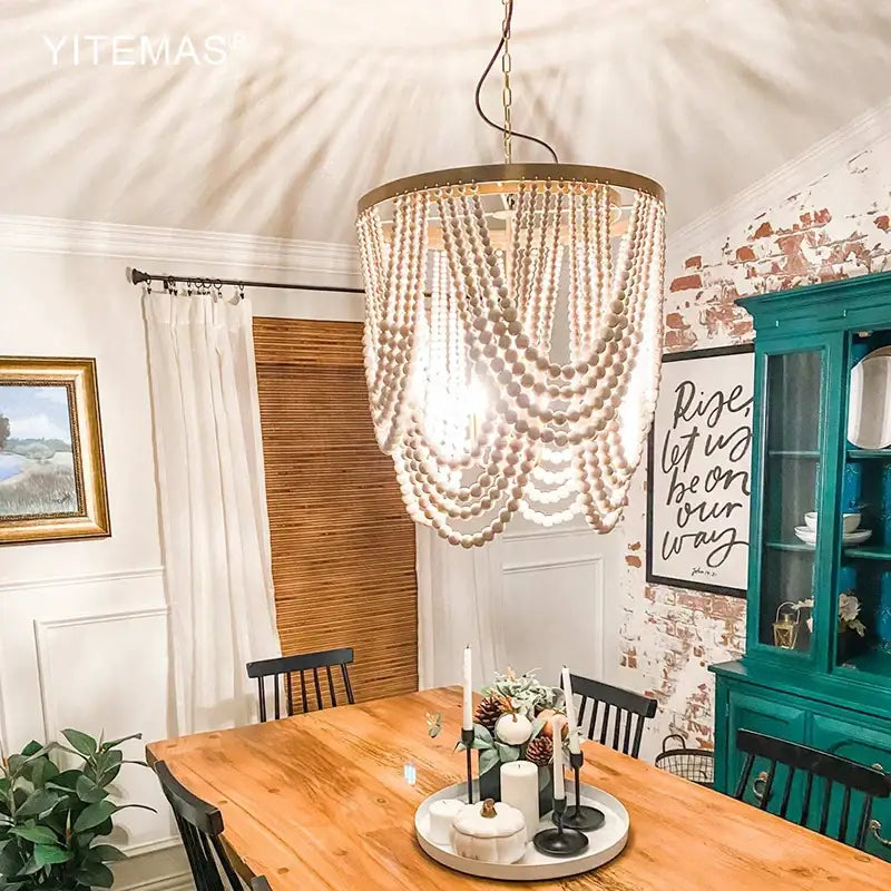 Boho tiered wooden beaded chandelier for dining room