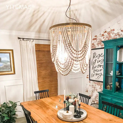 Boho tiered wooden beaded chandelier for dining room