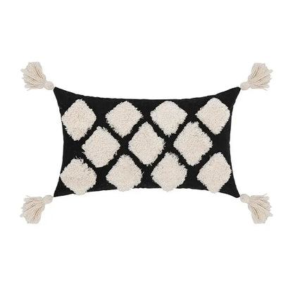 Boho tufted beige & white pillow cover living room tassel decor