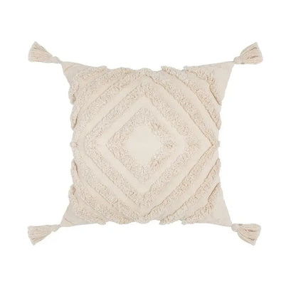 Boho tufted beige & white pillow cover living room tassel decor