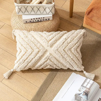 Boho tufted beige & white pillow cover living room tassel decor