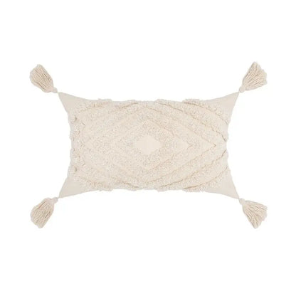Boho tufted beige & white pillow cover living room tassel decor