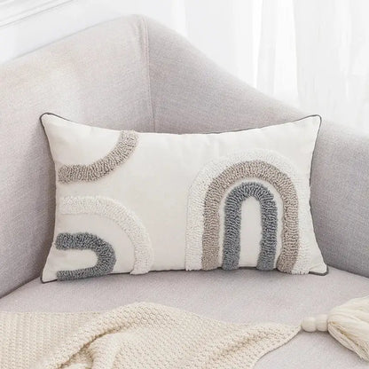 Boho tufted embroidered cushion cover grey & beige living room pillow