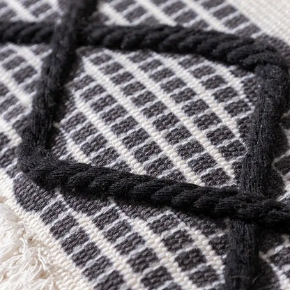 Boho tufted fringed black & white pillowcase living room decor