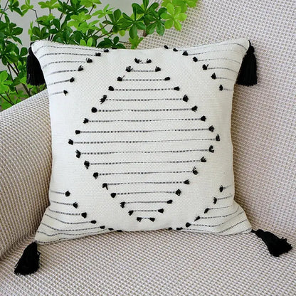 Boho tufted fringed black & white pillowcase living room decor