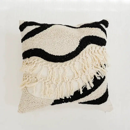 Boho tufted geometric black & white pillow cover living room tassels