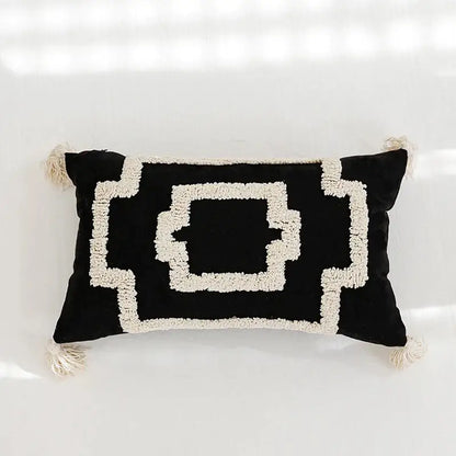 Boho tufted geometric black & white pillow cover living room tassels