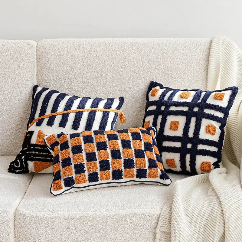 Boho tufted pillow cover navy & burnt orange living room decor