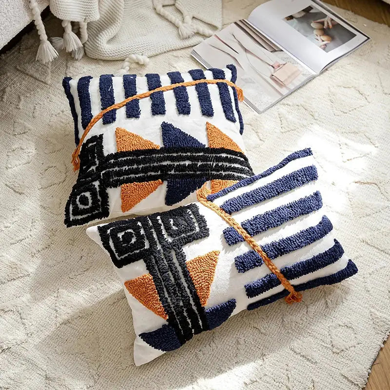 Boho tufted pillow cover navy & burnt orange living room decor