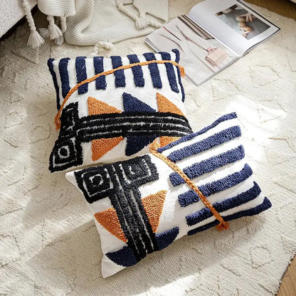 Boho tufted pillow cover navy & burnt orange living room decor