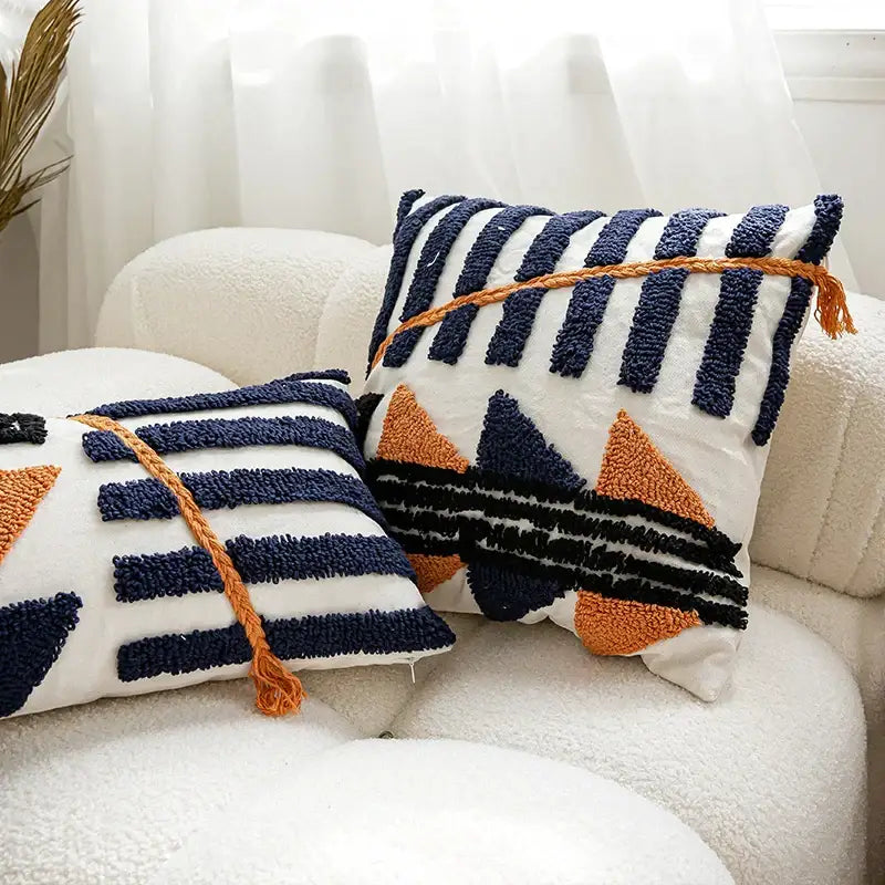 Boho tufted pillow cover navy & burnt orange living room decor