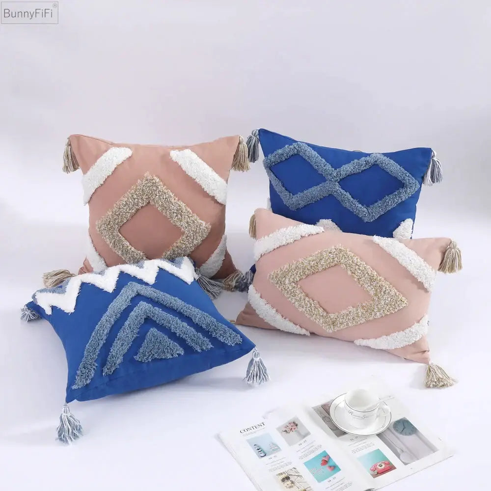 Boho tufted tassel blue & pink cushion cover living room decor