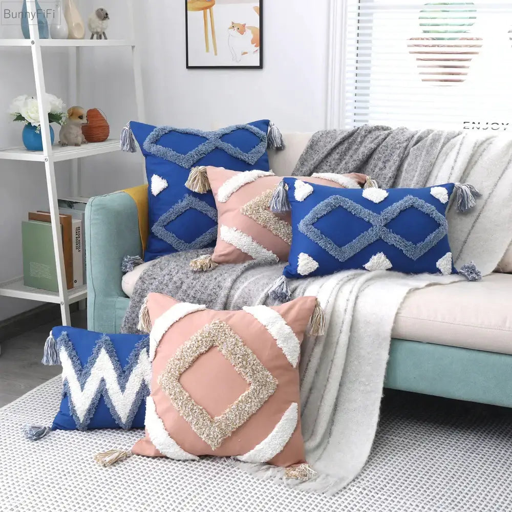 Boho tufted tassel blue & pink cushion cover living room decor