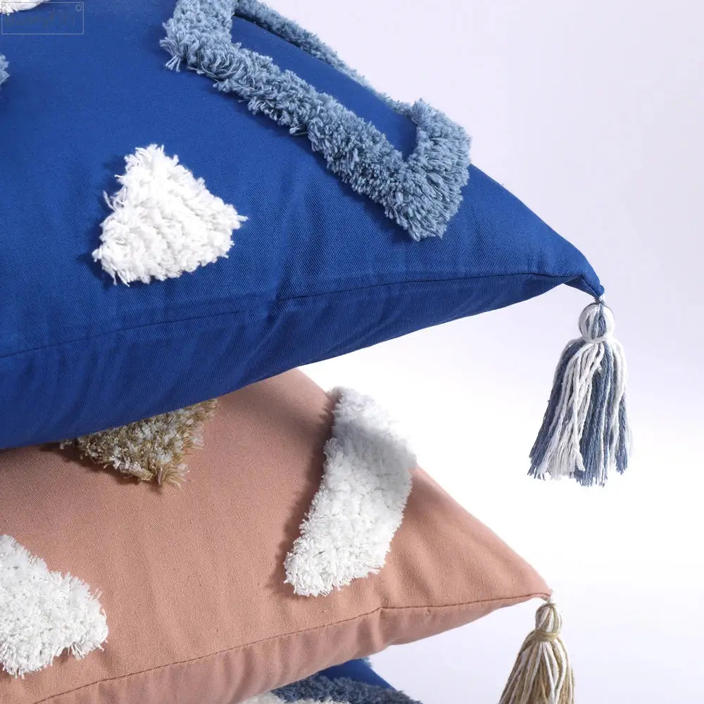 Boho tufted tassel blue & pink cushion cover living room decor