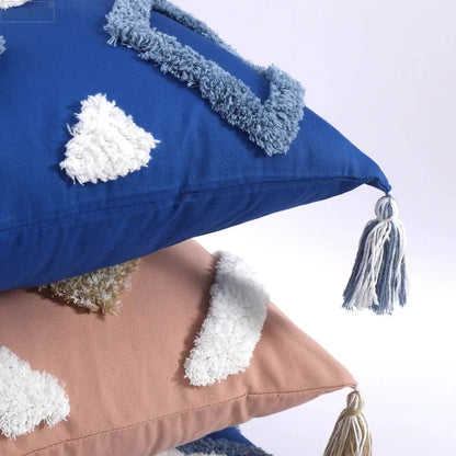 Boho tufted tassel blue & pink cushion cover living room decor