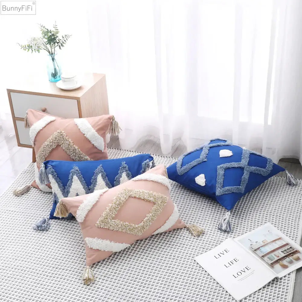 Boho tufted tassel blue & pink cushion cover living room decor