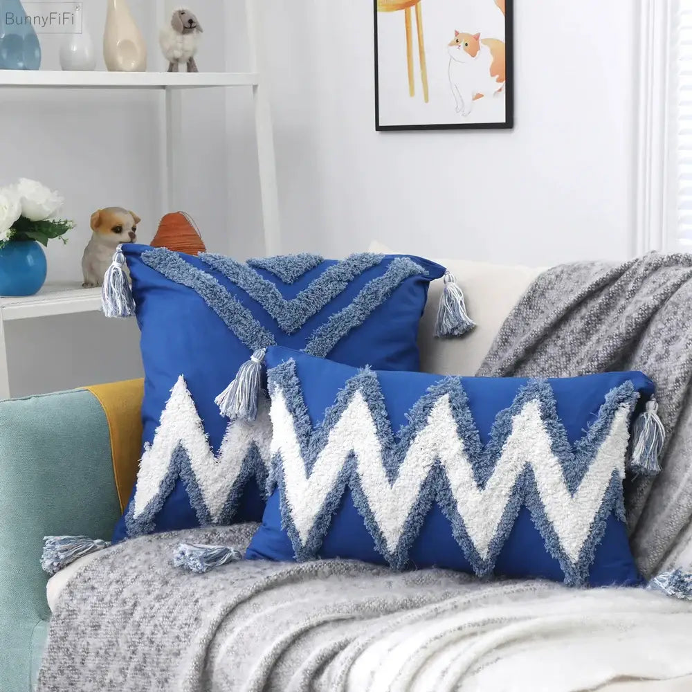 Boho tufted tassel blue & pink cushion cover living room decor