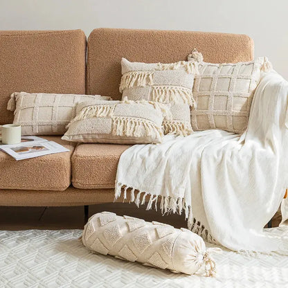 Boho tufted tassel cushion cover cream woven living room pillow