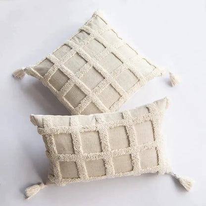 Boho tufted tassel cushion cover cream woven living room pillow
