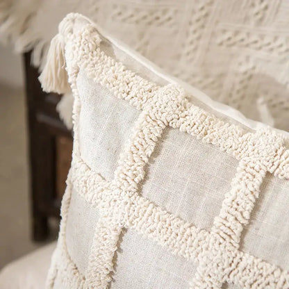 Boho tufted tassel cushion cover cream woven living room pillow
