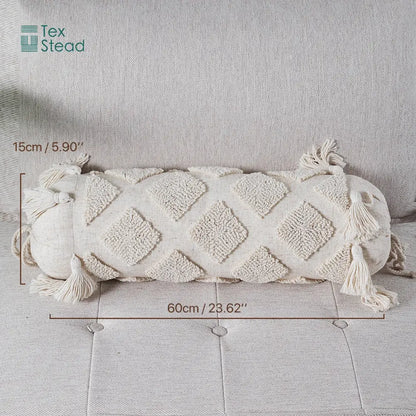 Boho tufted tassel lumbar pillow cream textured bedroom decor